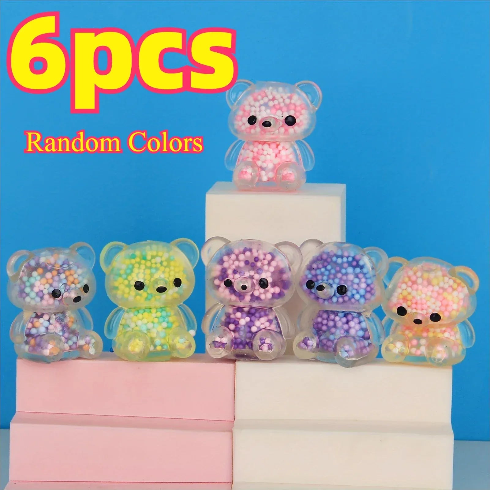 Mini Glitter Gummy Bear Stress Balls - 6 Pack Squishy Fidget Toys